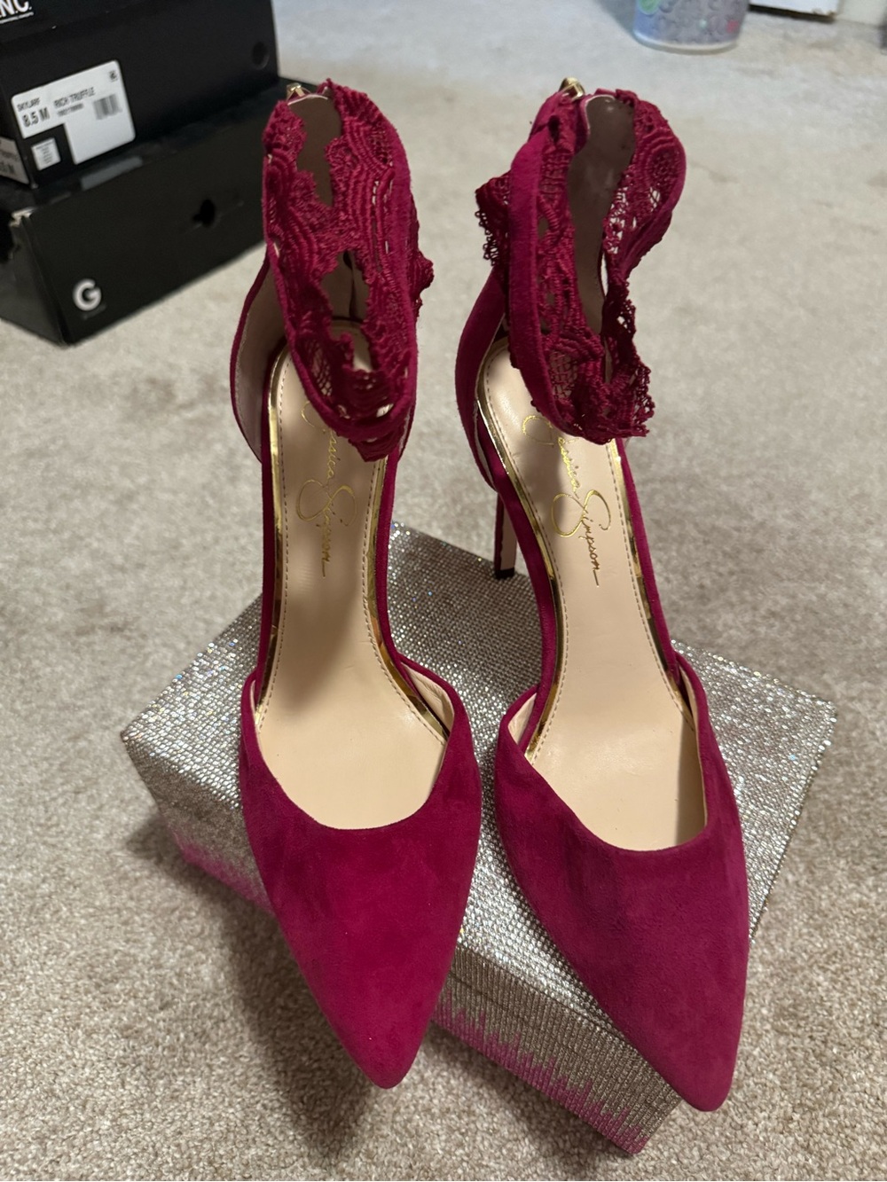 Jessica Simpson Fuchsia Suede Pointed-Toe Heels with Lace Ankle Cuffs